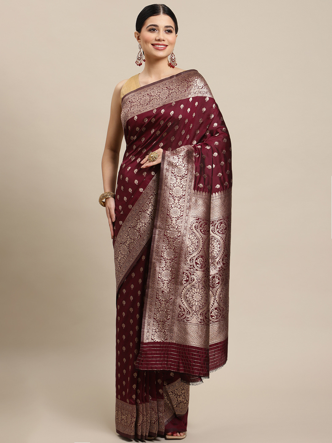 Burgundy Maheshwari Silk Banarasi Saree with Gold Zari woven Border main image 1