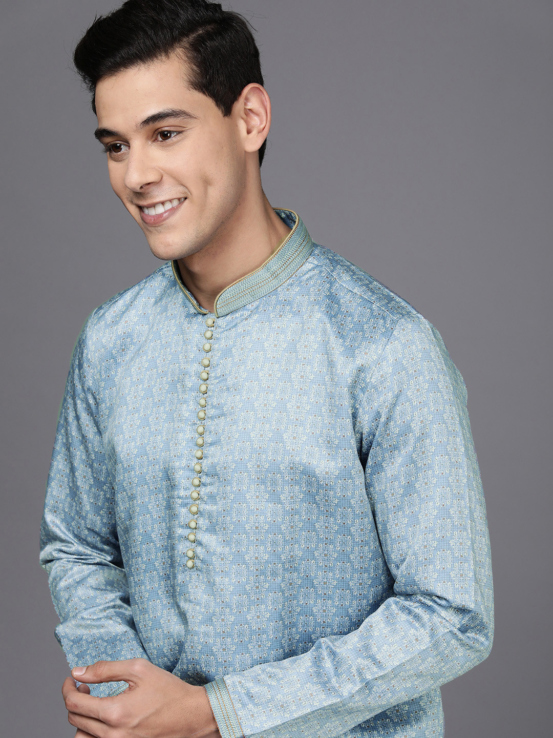 Buy Manyavar Men Blue Ethnic Motifs Printed Kurta With Churidar Kurta