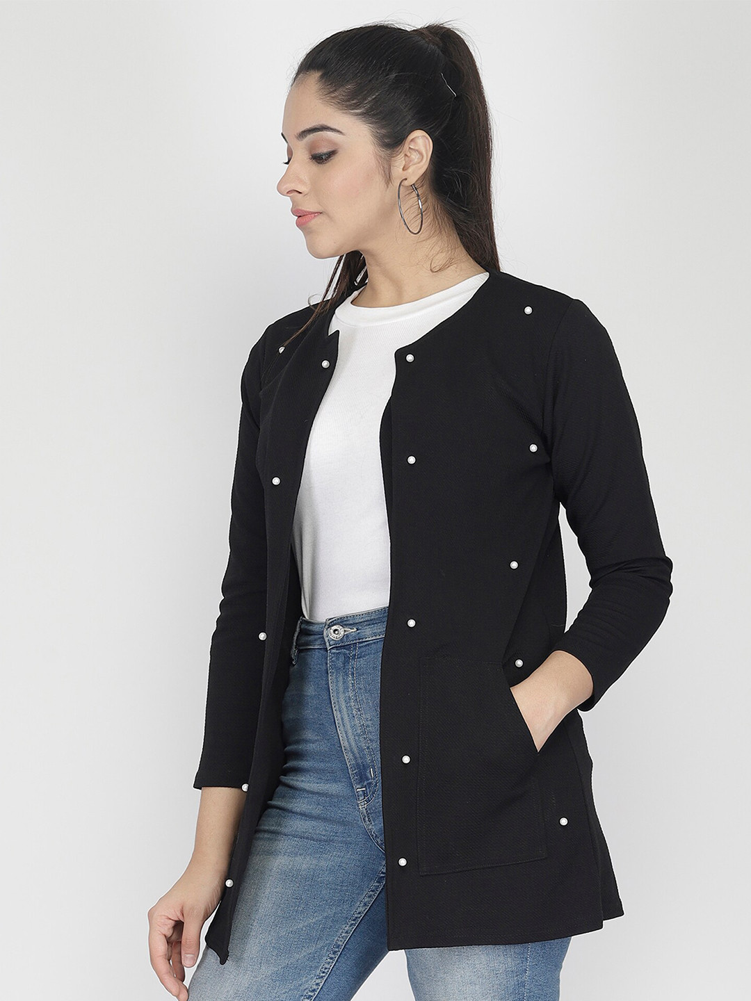 Buy IUGA Women Black Embellished Fornt Open Shrug Shrug for Women