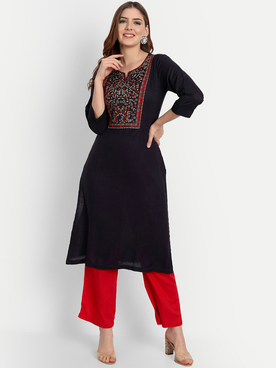 Women's Navy Blue Floral Embroidered Thread Work Straight Kurta