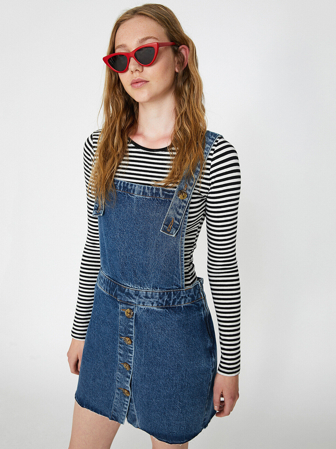 Buy Koton Women Navy Blue Solid Pure Cotton Denim Pinafore Mini Dress