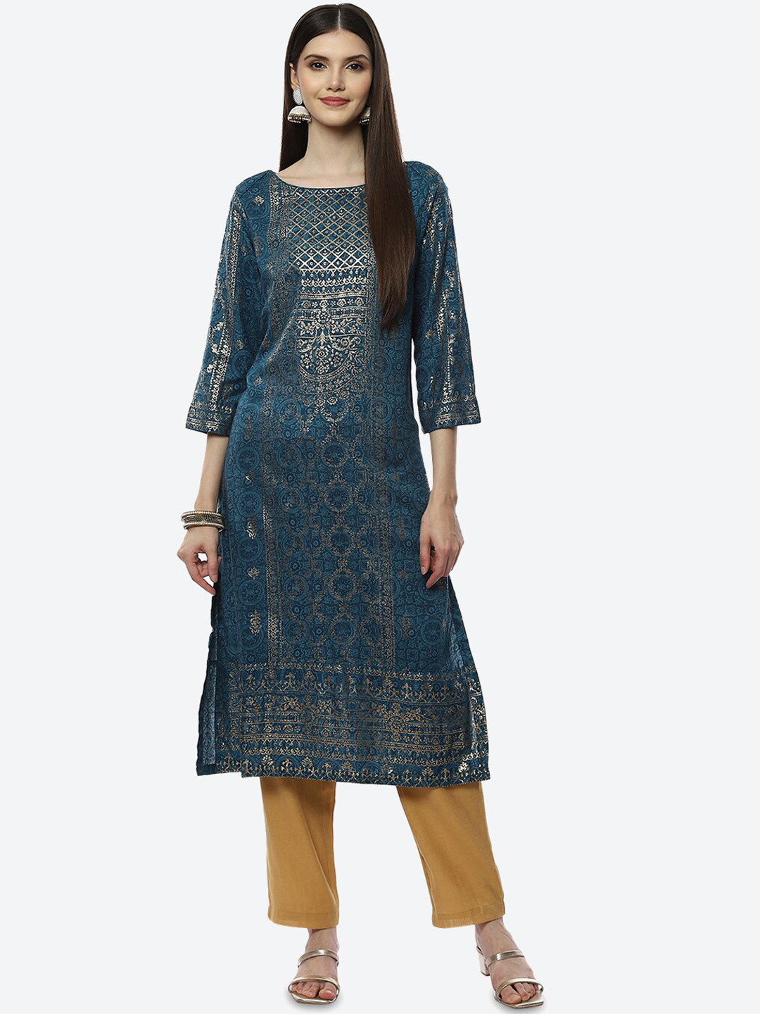 Buy Biba Women Teal & Gold Toned Ethnic Motifs Printed Kurta Kurtas