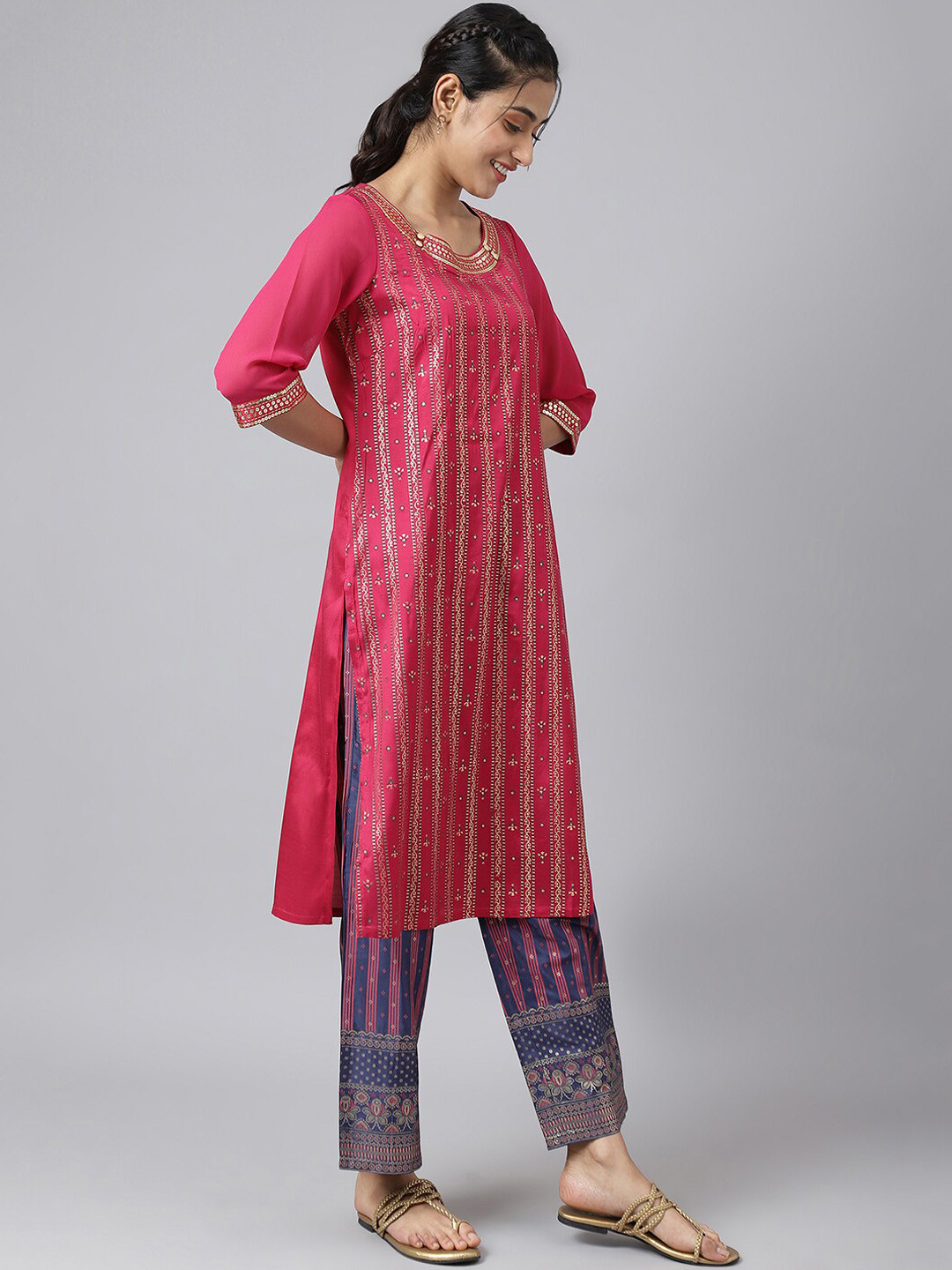 Women Magenta Pink Embroidered Kurta with Trousers