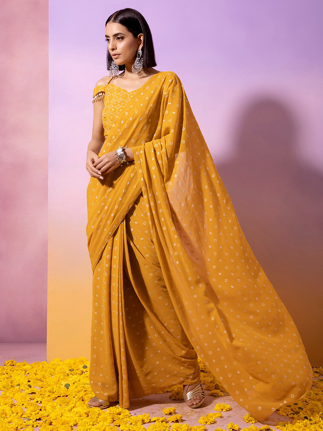 Buy INDYA Mustard & Silver Toned Ready To Wear Embroidered Saree