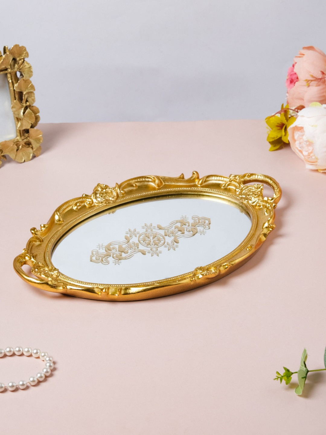 Buy Nestasia Gold Toned Oval Vanity Tray Serving Tray for Unisex