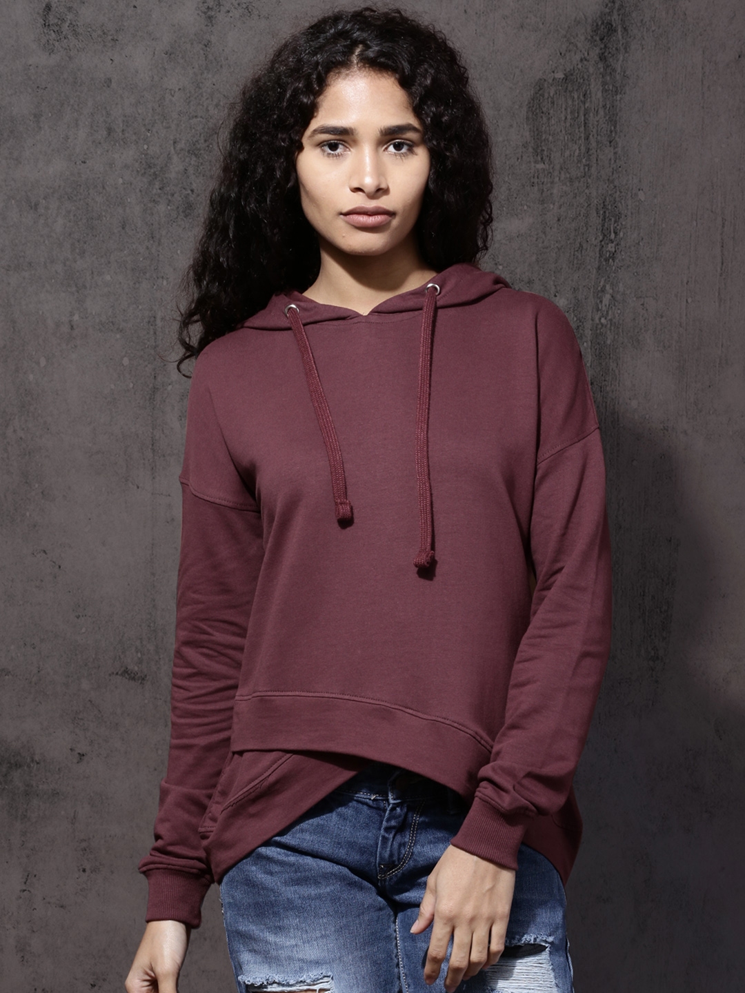 Buy Roadster Women Burgundy Solid Hooded Sweatshirt - Sweatshirts for Women 1937063 | Myntra