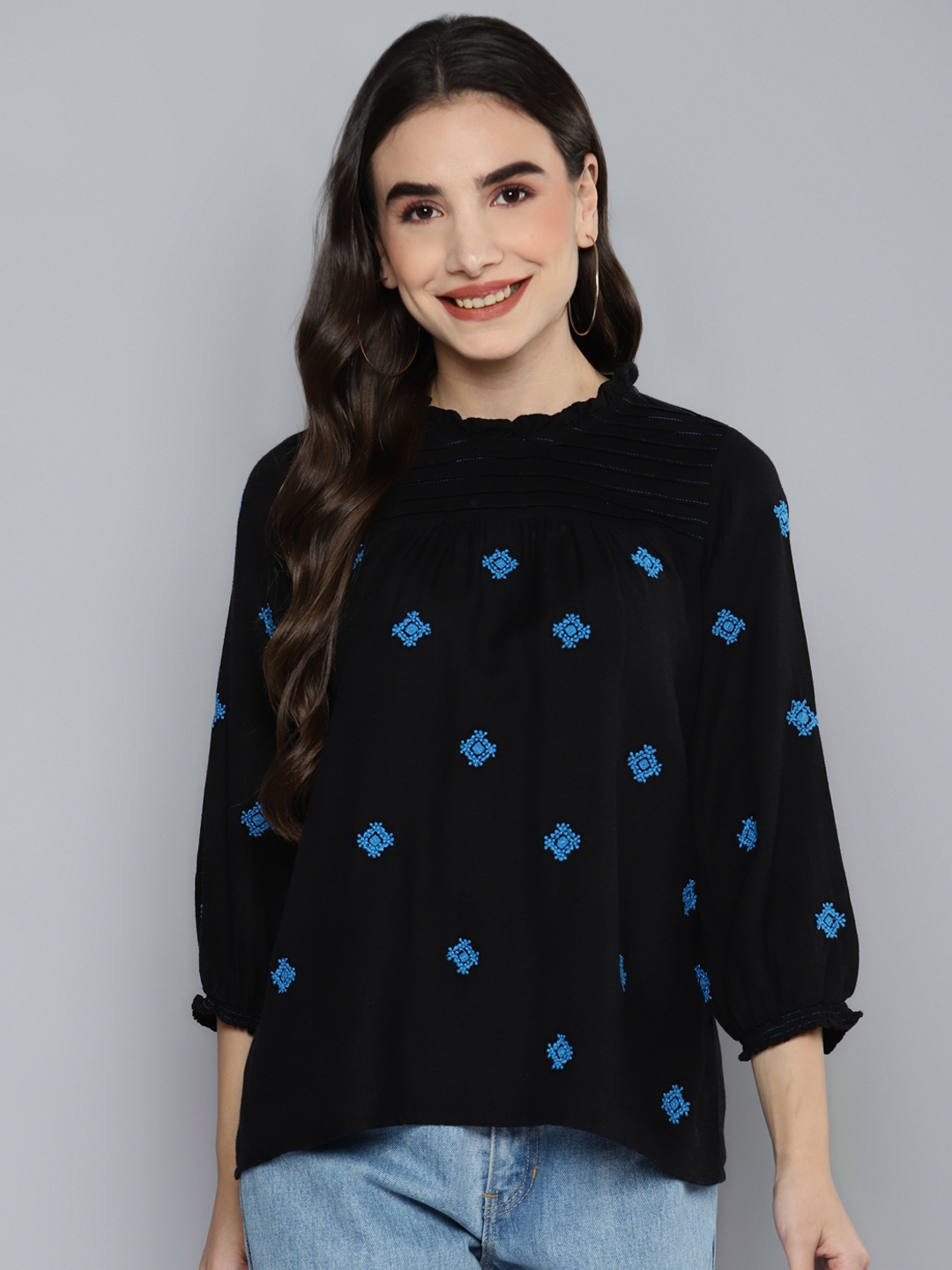 Buy SCOUP Black & Blue Geometric Embroidered Top - Tops for Women ...