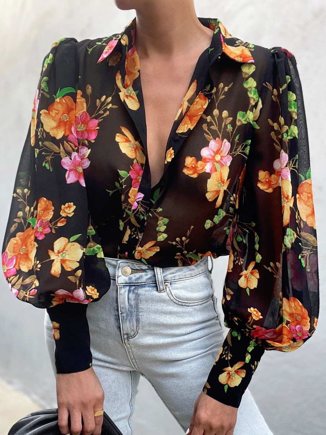 Vivo Izzy Bishop Sleeve Top - Black / Green Floral Print