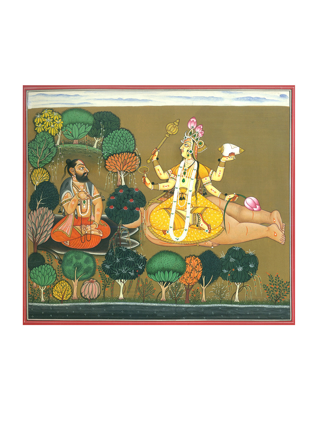 Buy Exotic India Green & Yellow Hand Painted Rishi Chyavana Worships