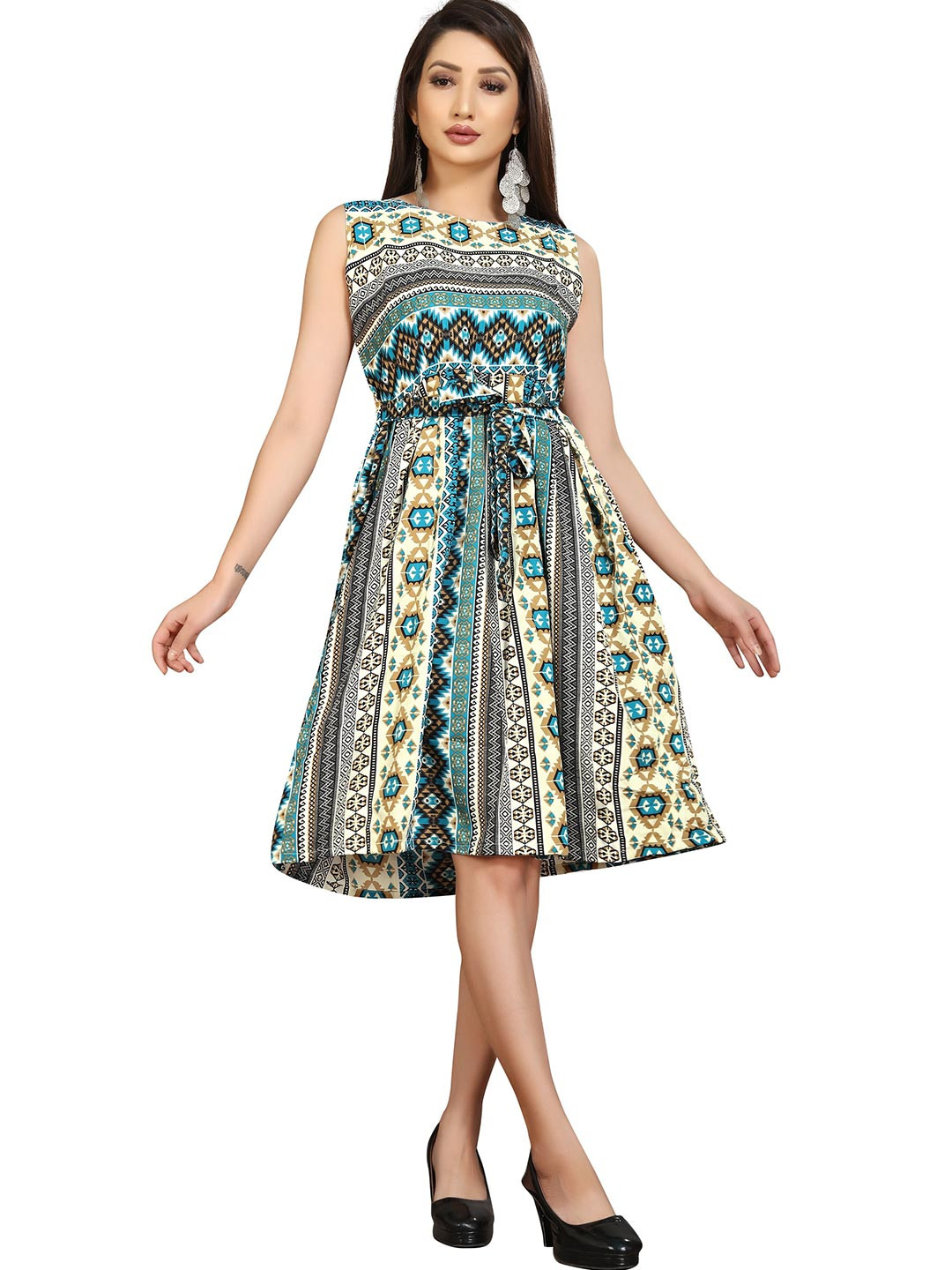 Buy MODLI 20 FASHION Yellow And Grey Tribal Crepe Dress Dresses for