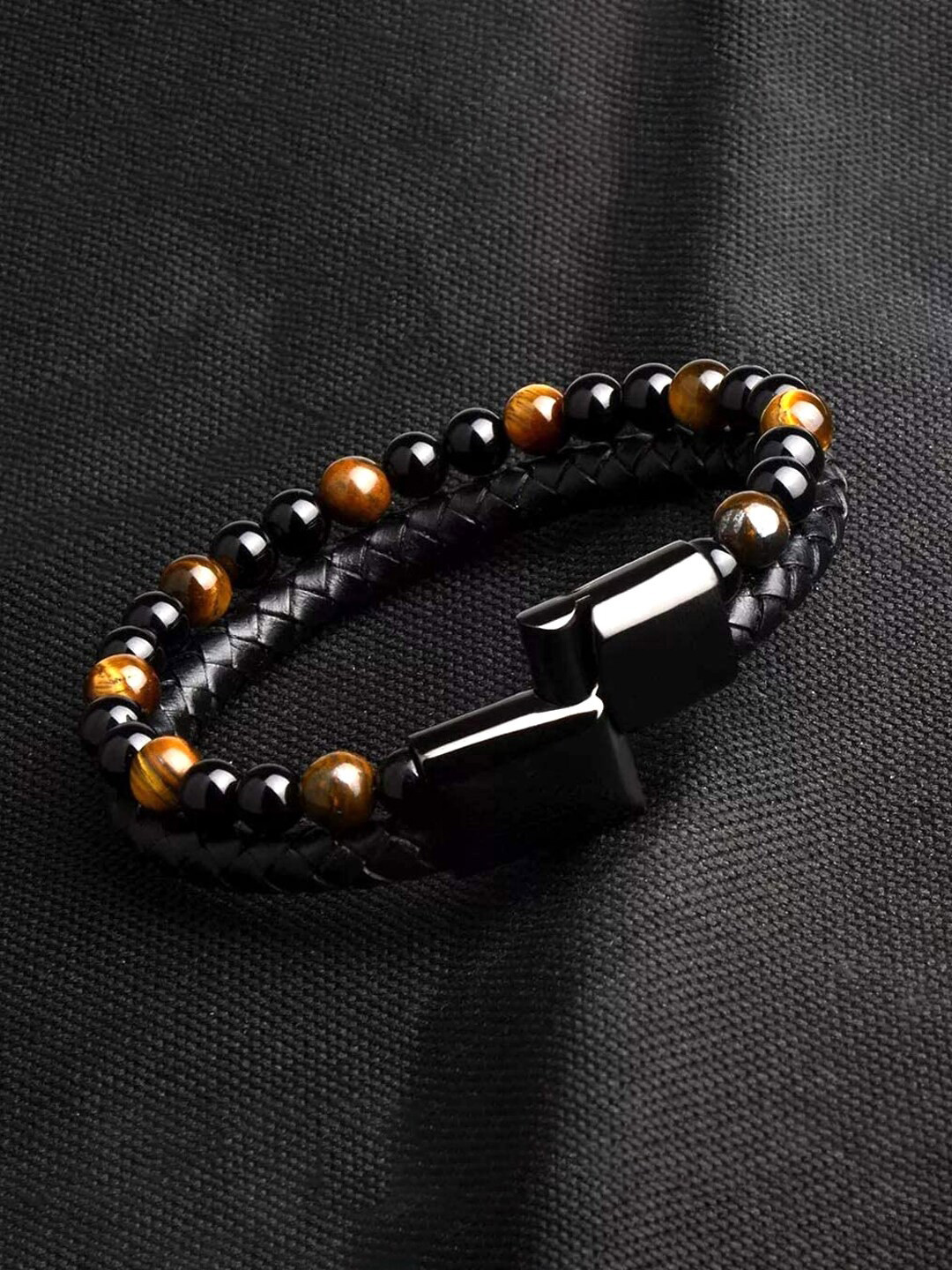 Yellow Chimes Black Beaded Stretch Bracelet For Men & Boys - Boho Style, One Size - View #2