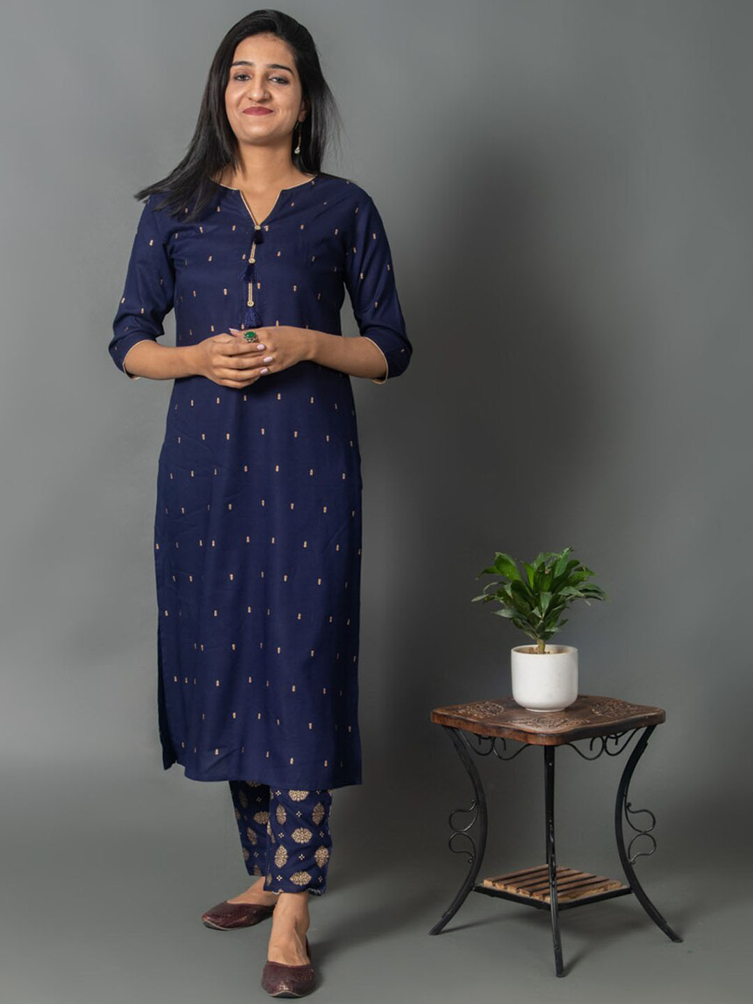 Women's Blue Printed Ethnic Co-ord Set | Asymmetrical Long Kurta with Wide-Leg Pants