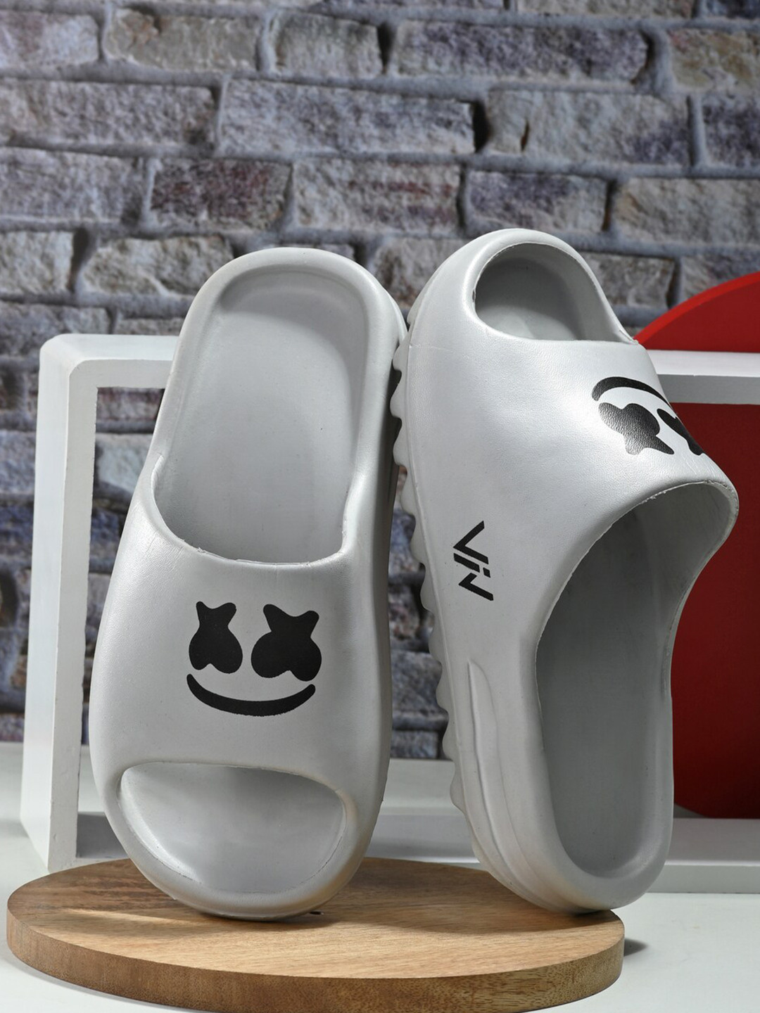 Buy VIV Men Grey & Black Printed Rubber Sliders Flip Flops for Men