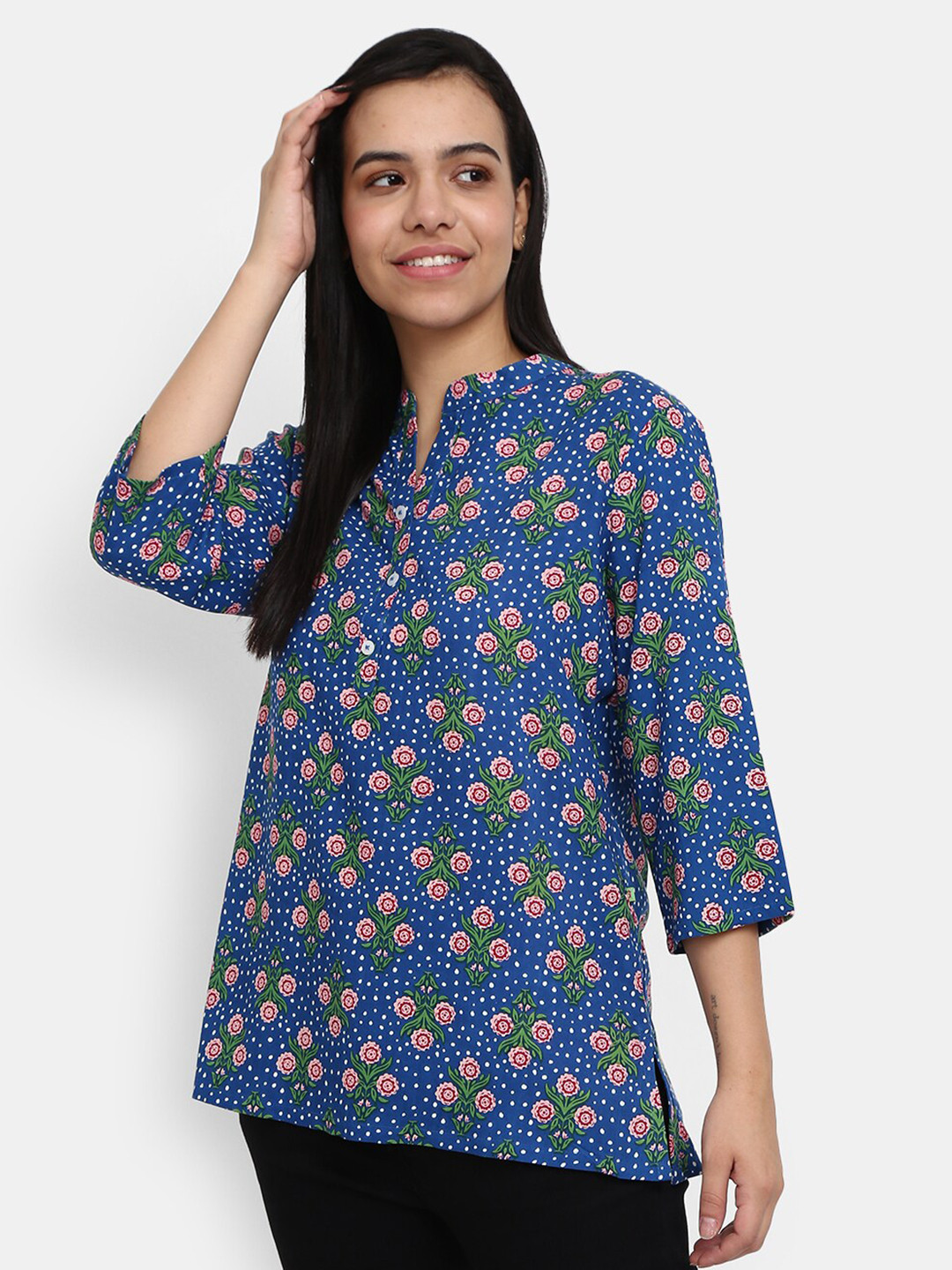 Women Blue Floral Printed Rayon Straight Kurti