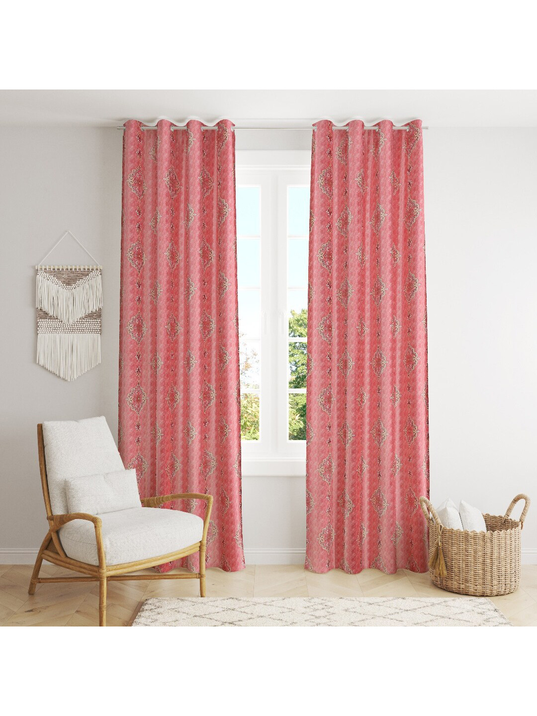 Buy MULTITEX Peach Coloured Set Of 2 Floral Long Door Curtain