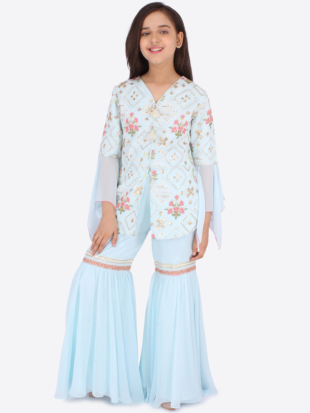 Girls Blue Floral Printed Kurta with Sharara