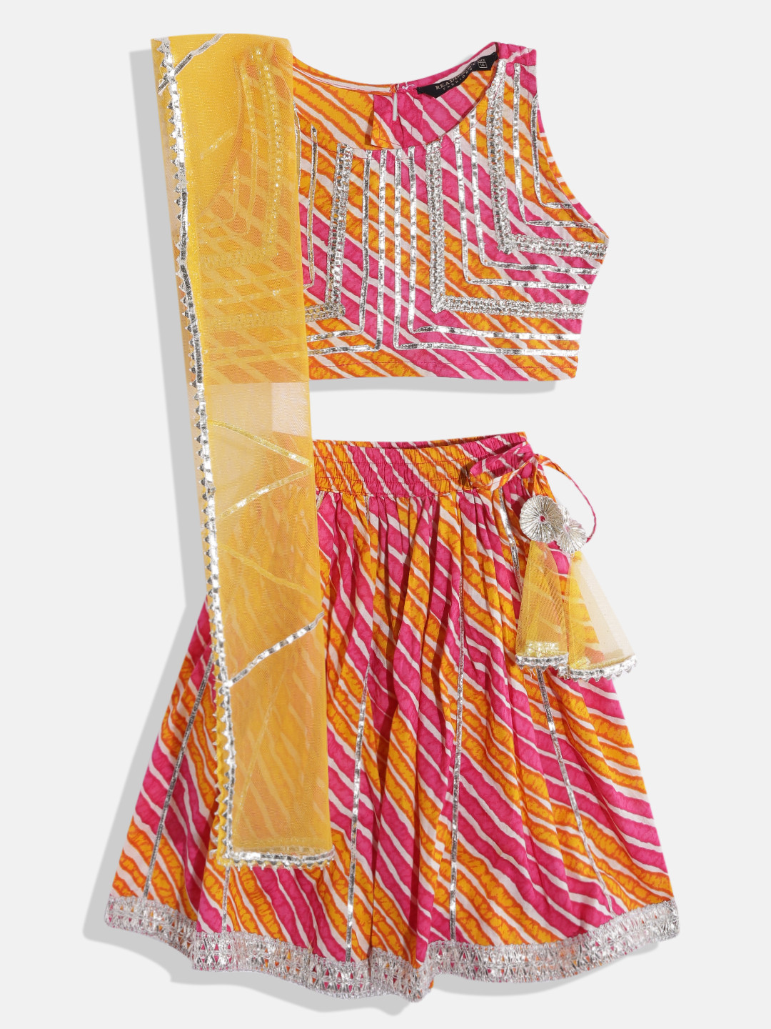 Girls Orange Blue Printed Ready To Wear Lehenga Blouse With Dupatta main image 1