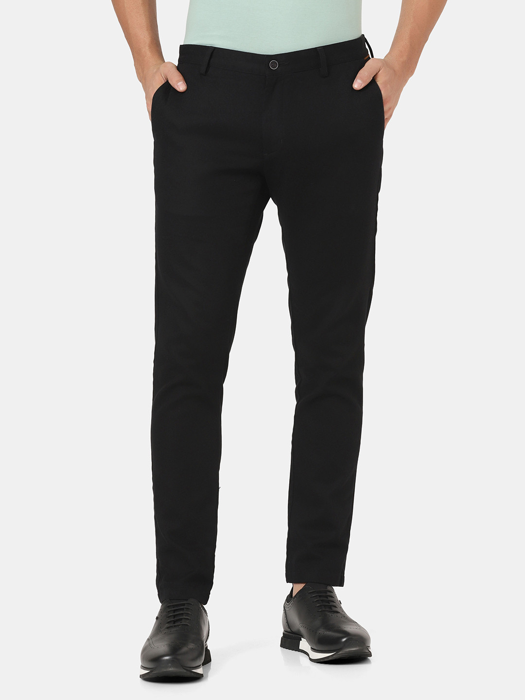 Men's Black Straight Fit Low Rise Trousers with Zipper Details