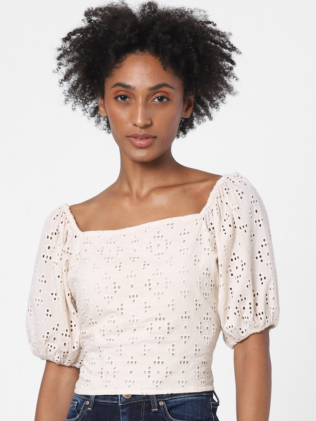 White Self Design Crop Top