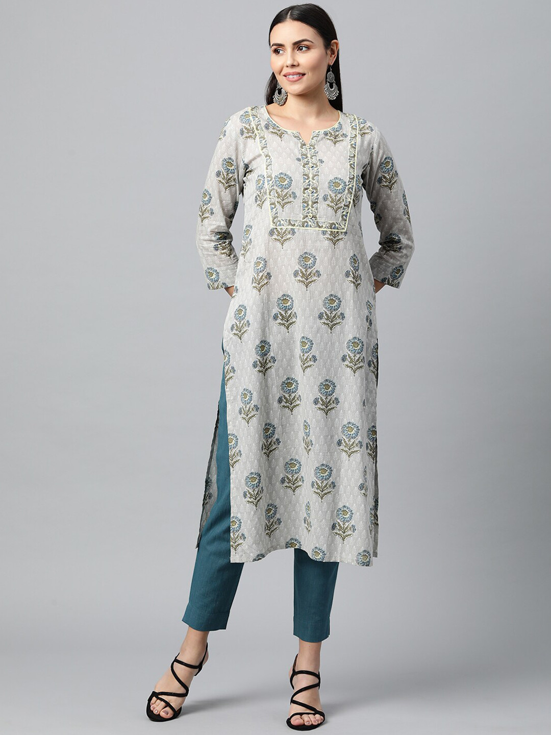 Buy KAMI KUBI Women Grey & Blue Floral Printed Cotton Straight Kurta