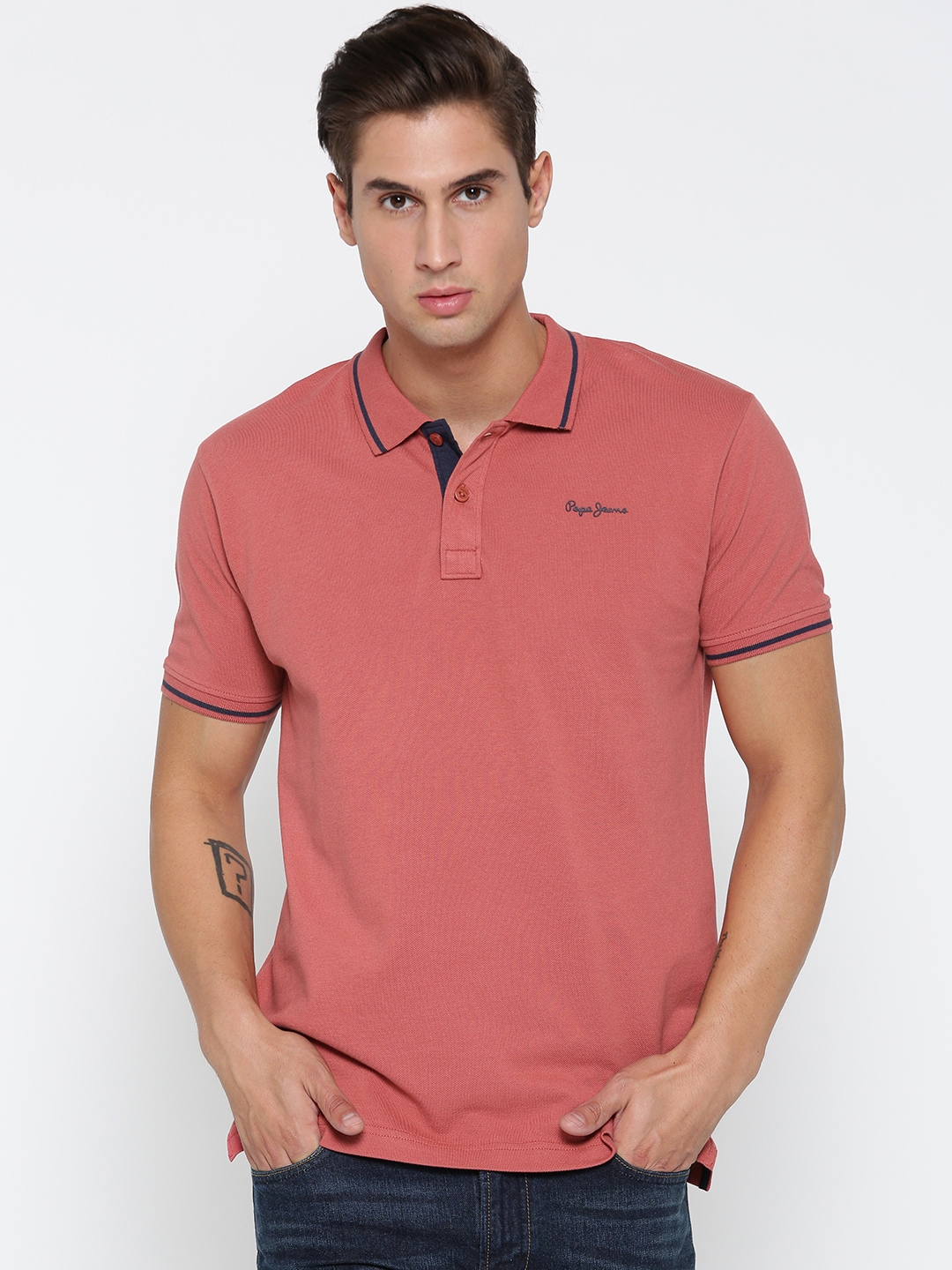 Buy Pepe Jeans Men Coral Pink Solid Polo Collar Pure Cotton T Shirt ...