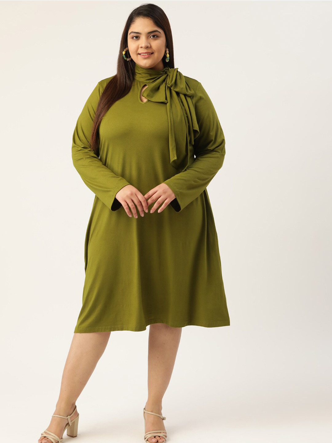 Buy TheRebelinme Olive Green Tie Up Neck A Line Dress Dresses for