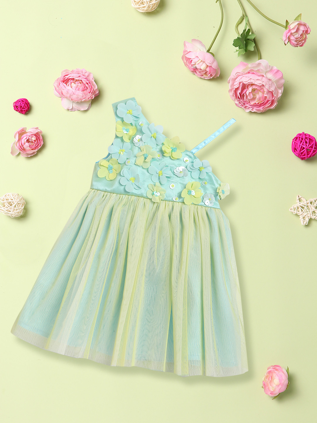 Nautinati Girls Block Print Fusion Set With Tassels, Gota Trims and Flared Silhouette
