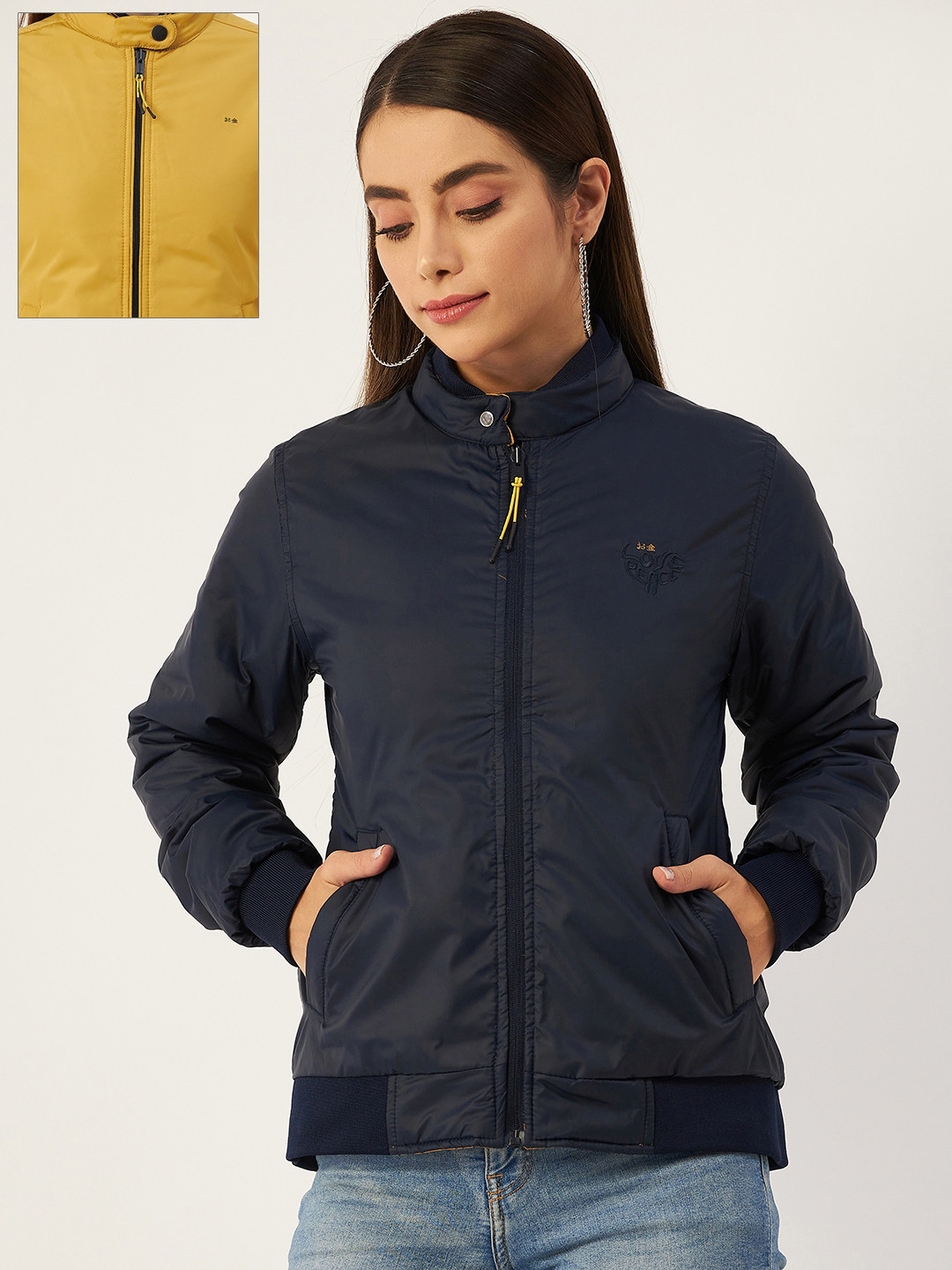 Buy Okane Women Navy Blue & Mustard Yellow Reversible Padded Jacket