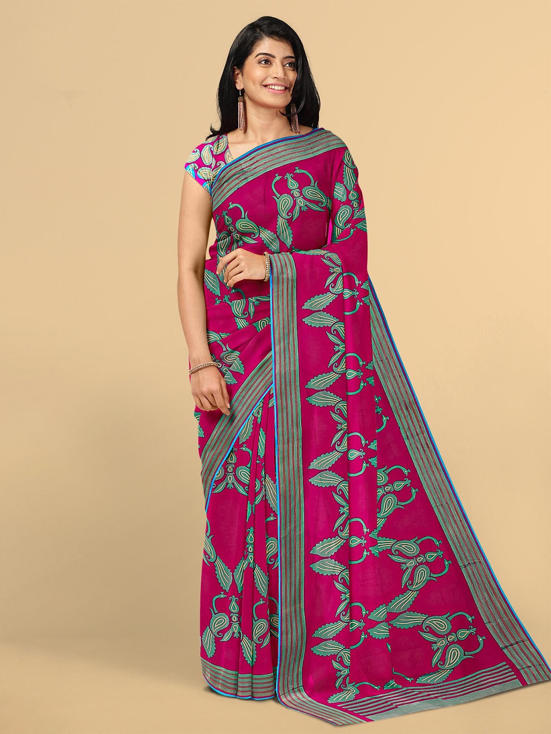 Buy Kalamandir Pink & Green Paisley Silk Blend Saree - Sarees for Women ...