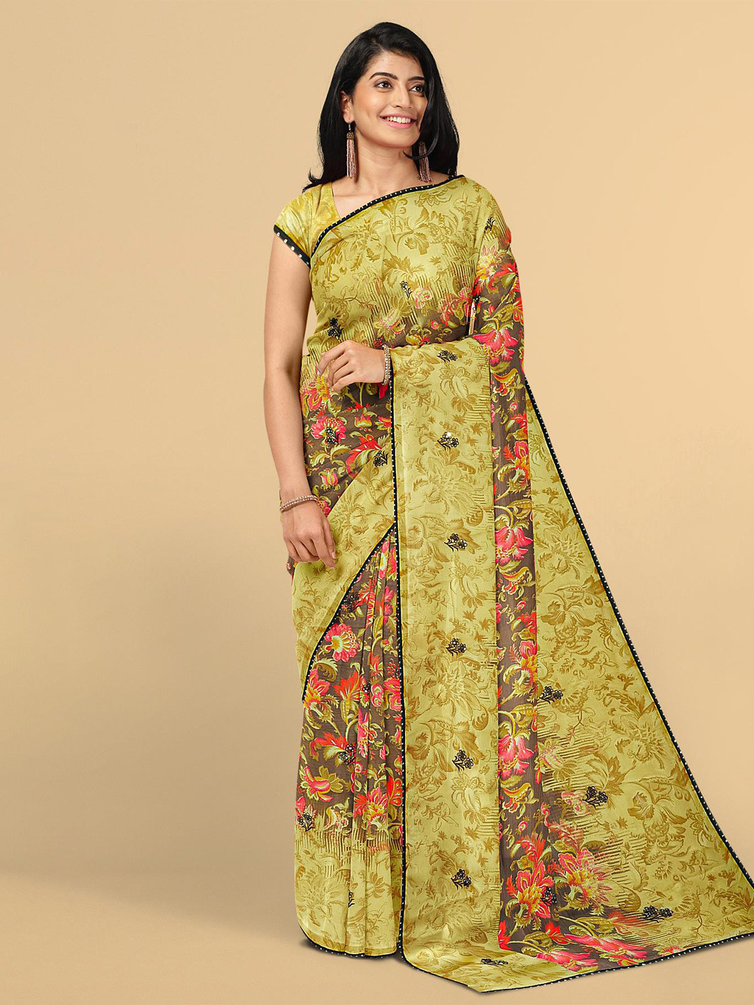 Buy Kalamandir Olive Green & Pink Floral Silk Blend Saree Sarees for