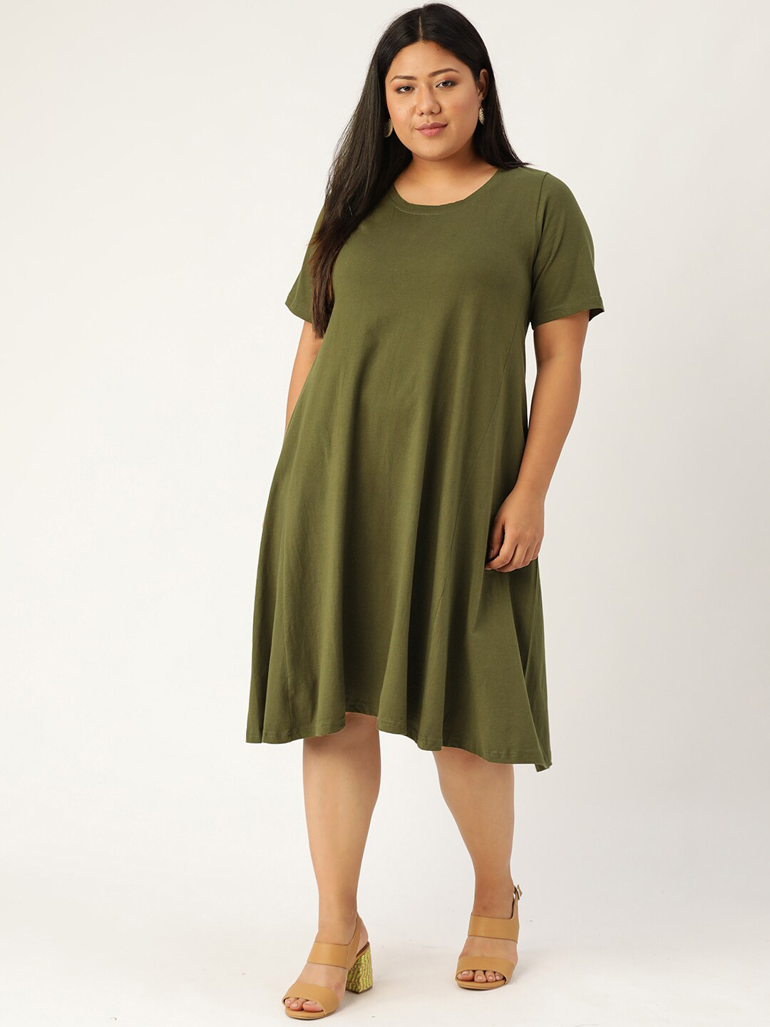 Buy TheRebelinme Women Plus Size Olive Green Pure Cotton A Line Dress