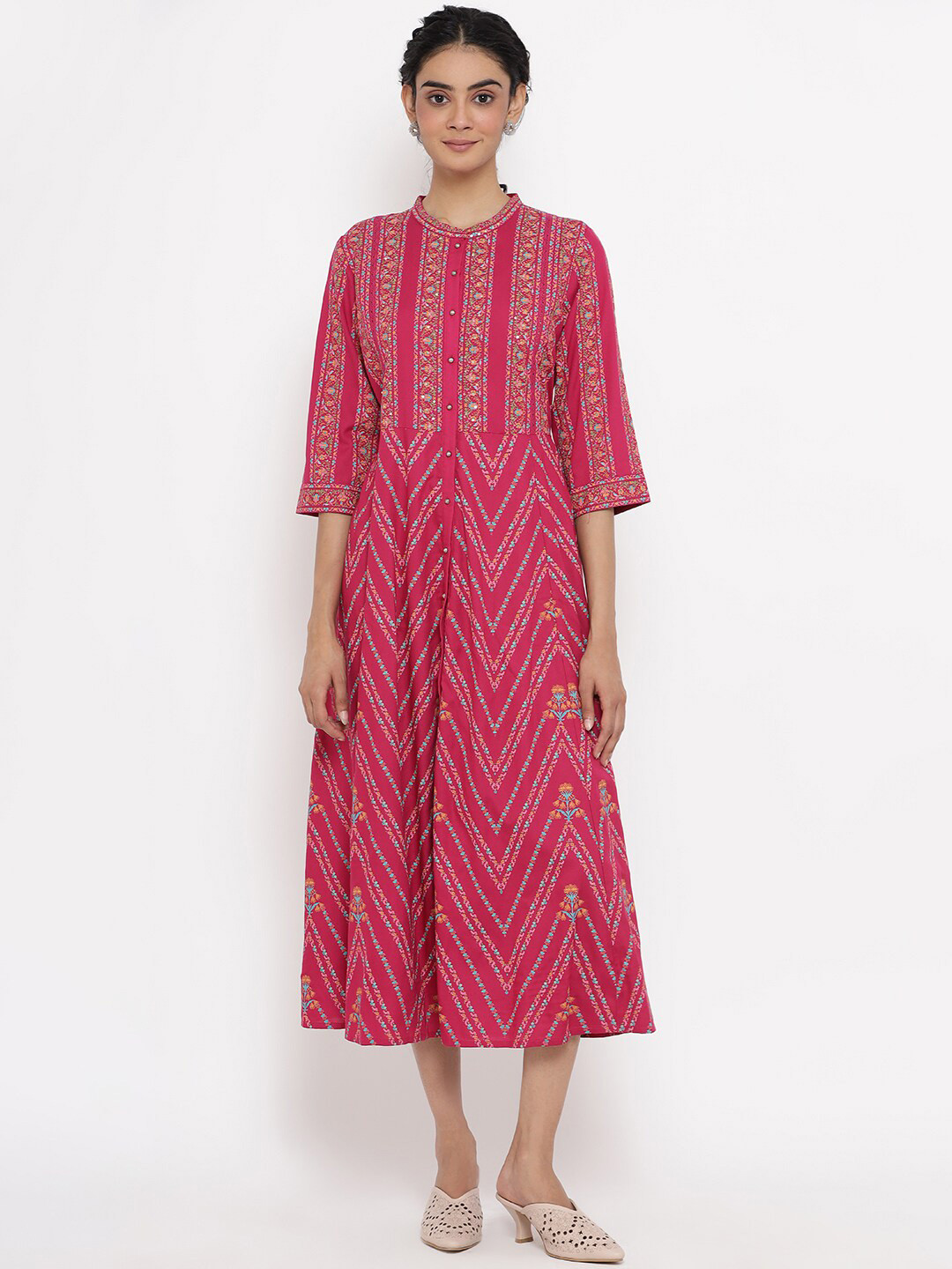 Women Pink Ethnic Motifs Printed Round Neck Cotton A-Line Dress