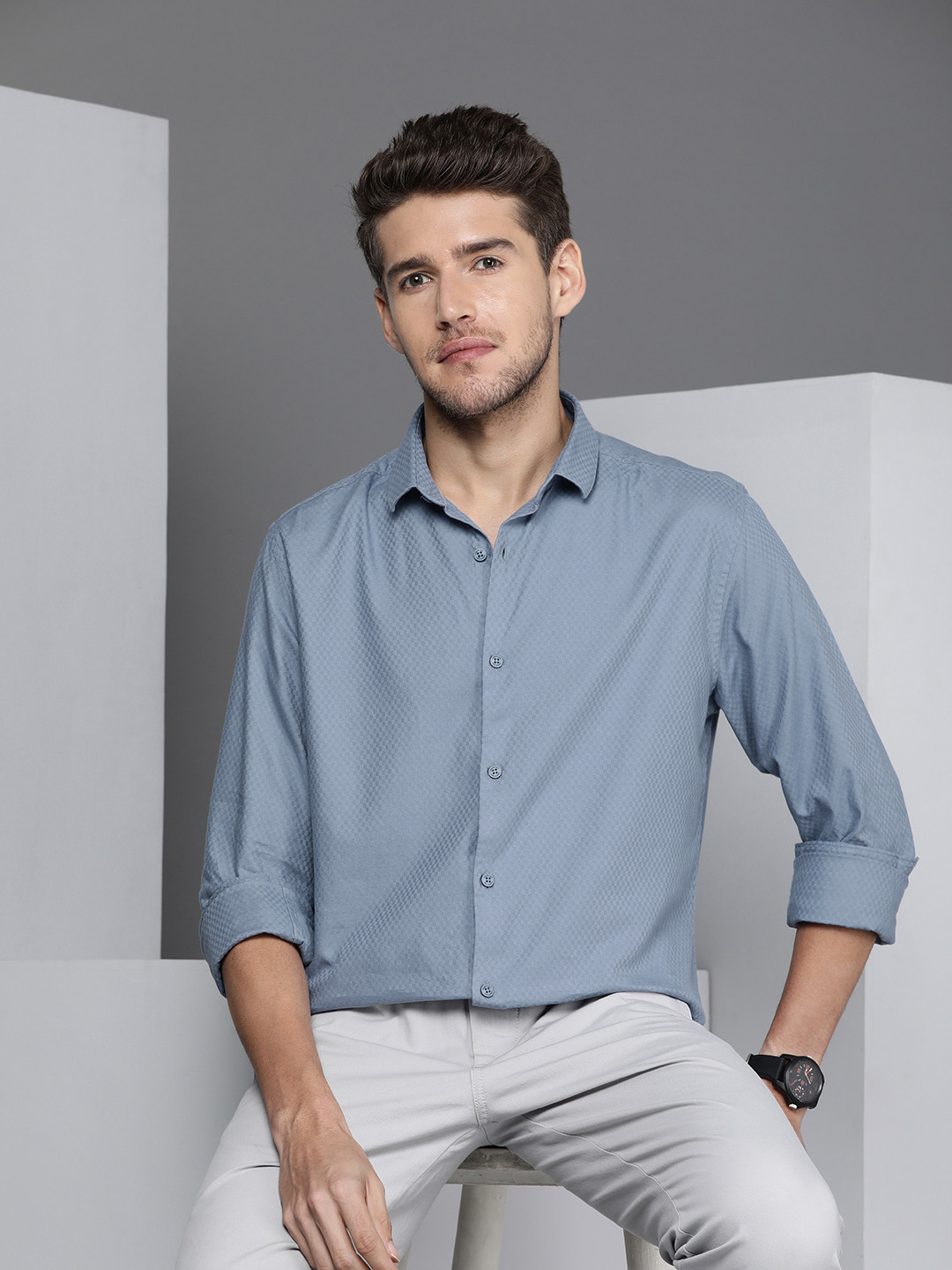 Buy Cole Revert Men Light Blue Checked Slim Fit Modern