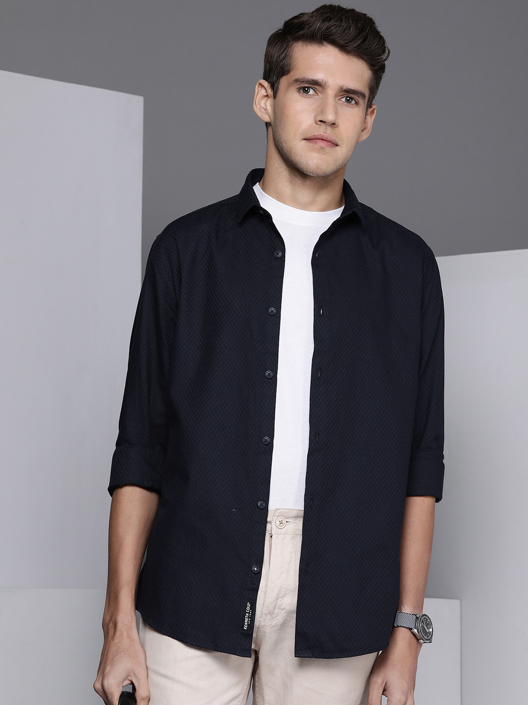 Buy Cole Men Navy Blue Textured Pure Cotton Slim Fit Memo Shirt