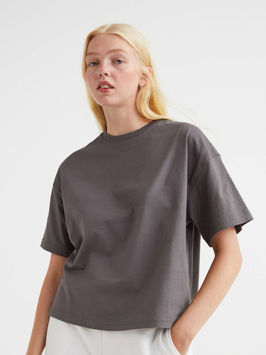 Buy H&M Women Grey Pure Cotton T Shirt Tshirts for Women 19409614