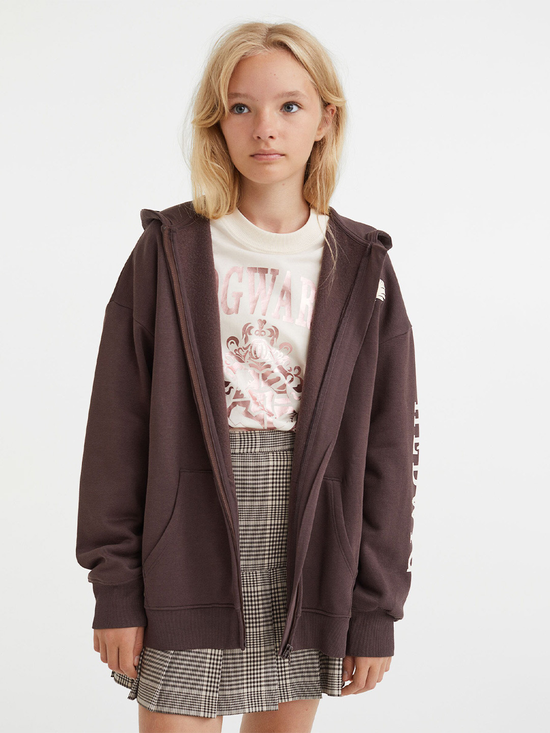 Buy H&M Girls Brown Oversized Printed Zip Through Hoodie Sweatshirts