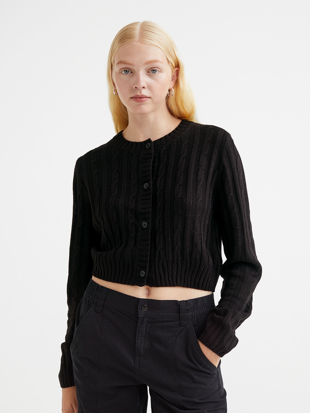 Buy H&M Women Black Cable Knit Cardigan Sweaters for Women 19410000