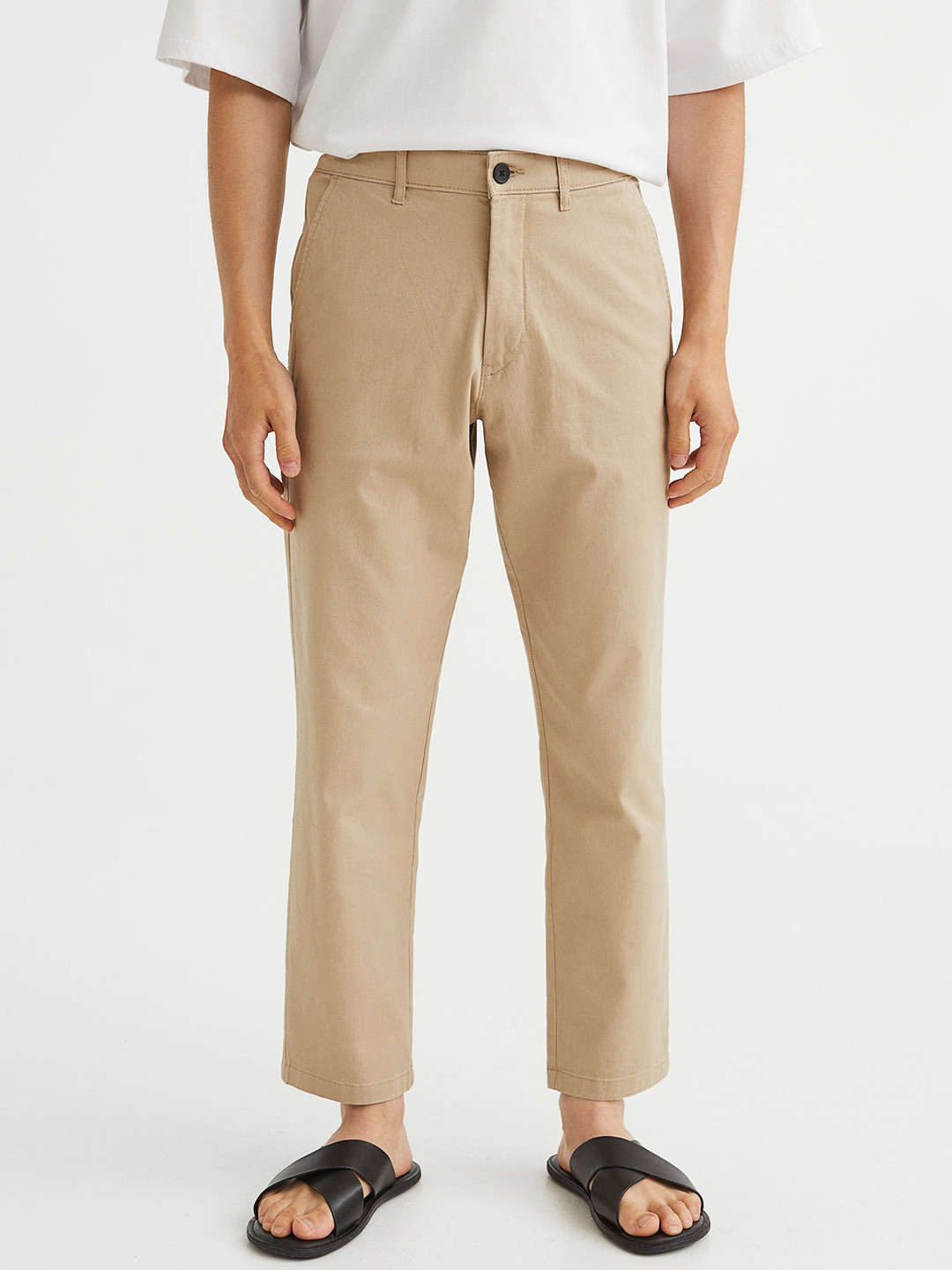 Buy H&M Men Beige Slim Fit Cropped Cotton Chinos Trousers for Men
