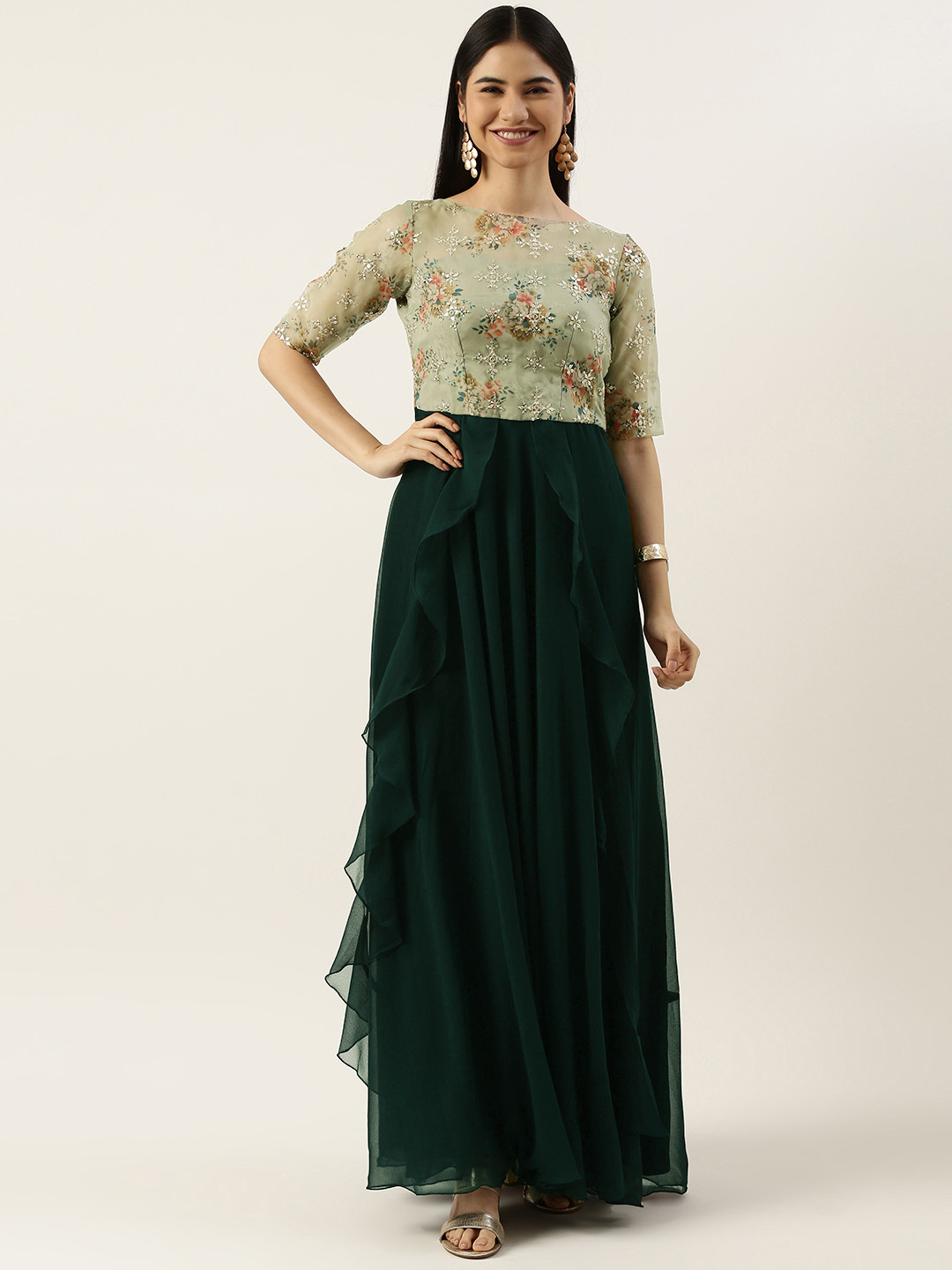 Buy Ethnovog Green Colourblocked Maxi Ethnic Padded Dress Ethnic