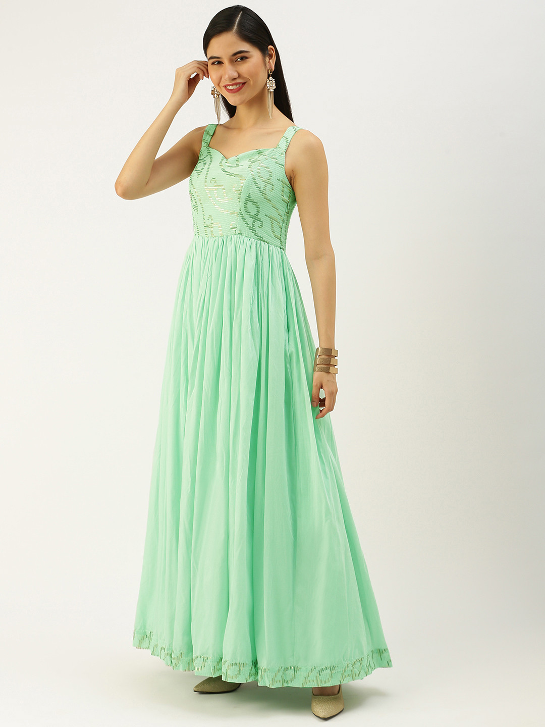 Buy Ethnovog Green Padded Embroidered Made To Measure Ethnic Dress With