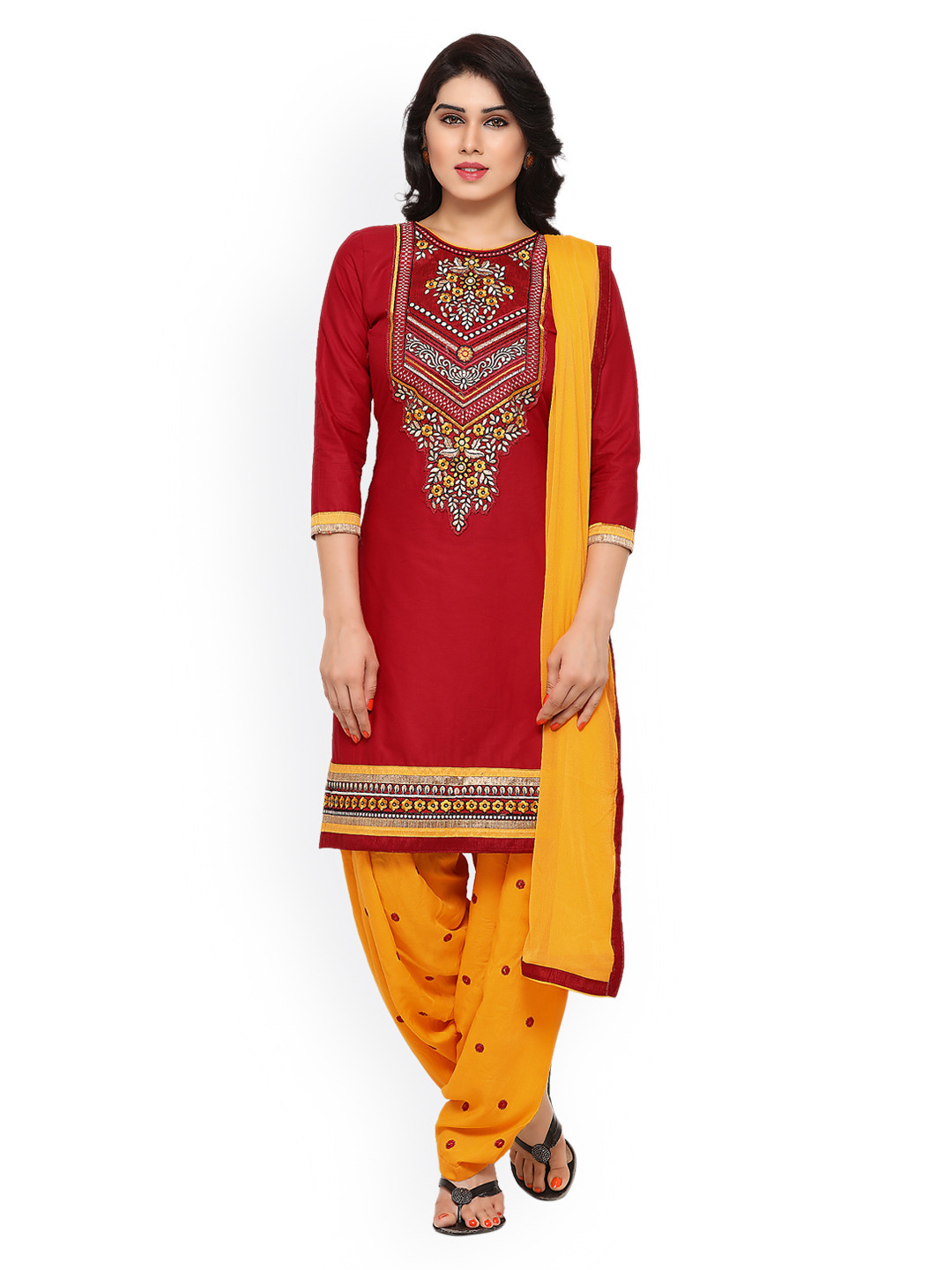 Buy Kvsfab Maroon & Yellow Cotton Blend Unstitched Dress Material