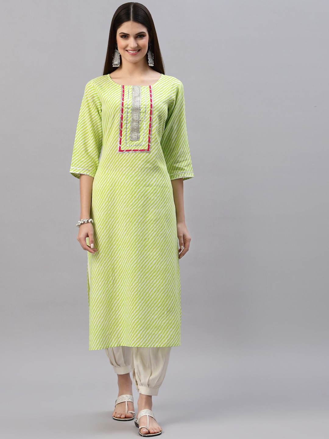Buy Stylum Women Lime Green Leheriya Printed Kurta Kurtas for Women