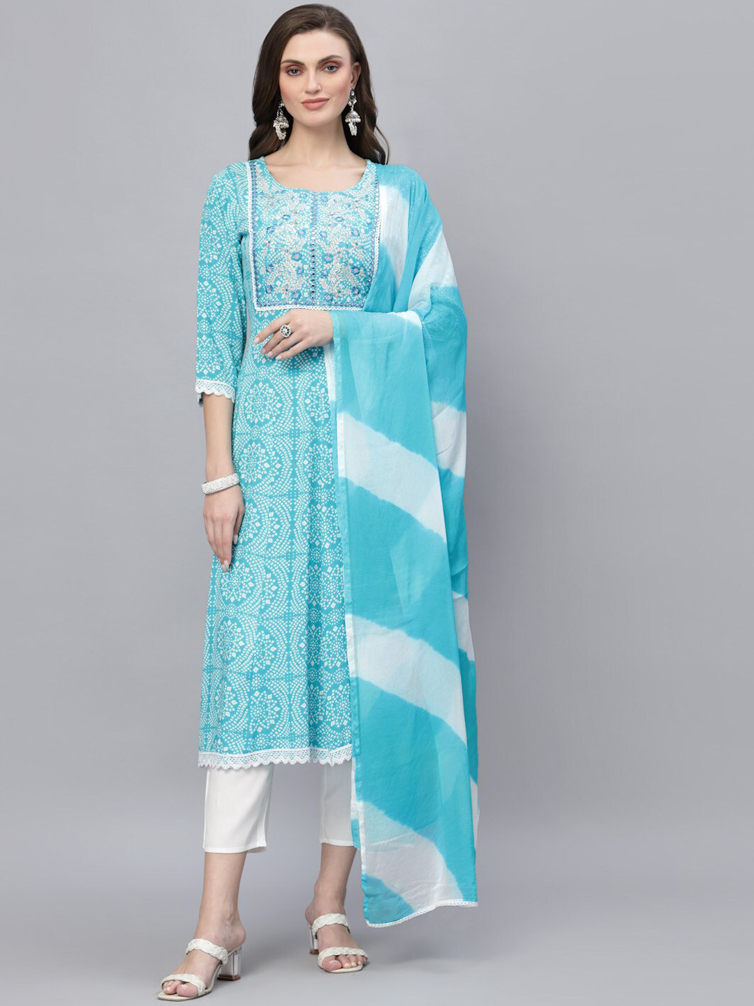 Women Blue Cotton Katha & Trim Work Kurta Bottom Set