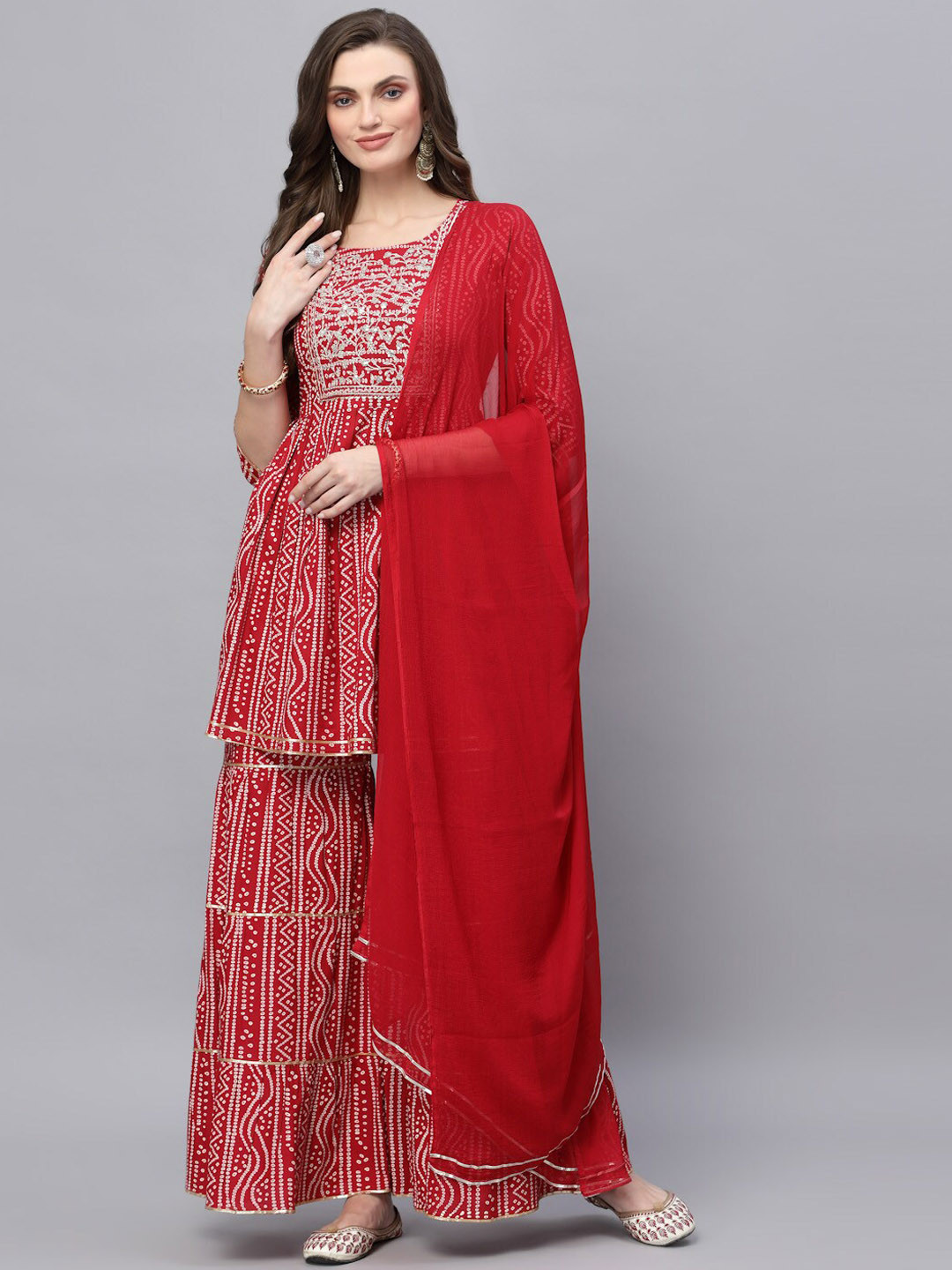 Women Plain Red Kurta with Stripe Blue Salwar and Dupatta main image 1