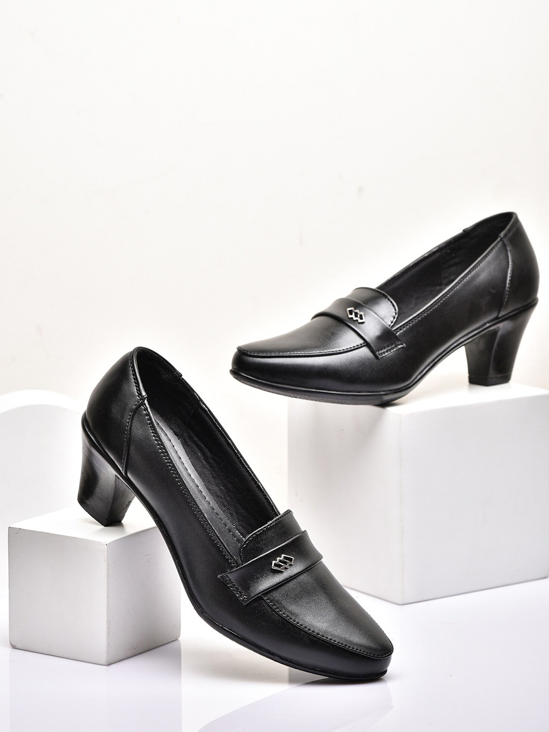 Buy VALIOSAA Black Textured Work Block Pumps With Buckles Heels for