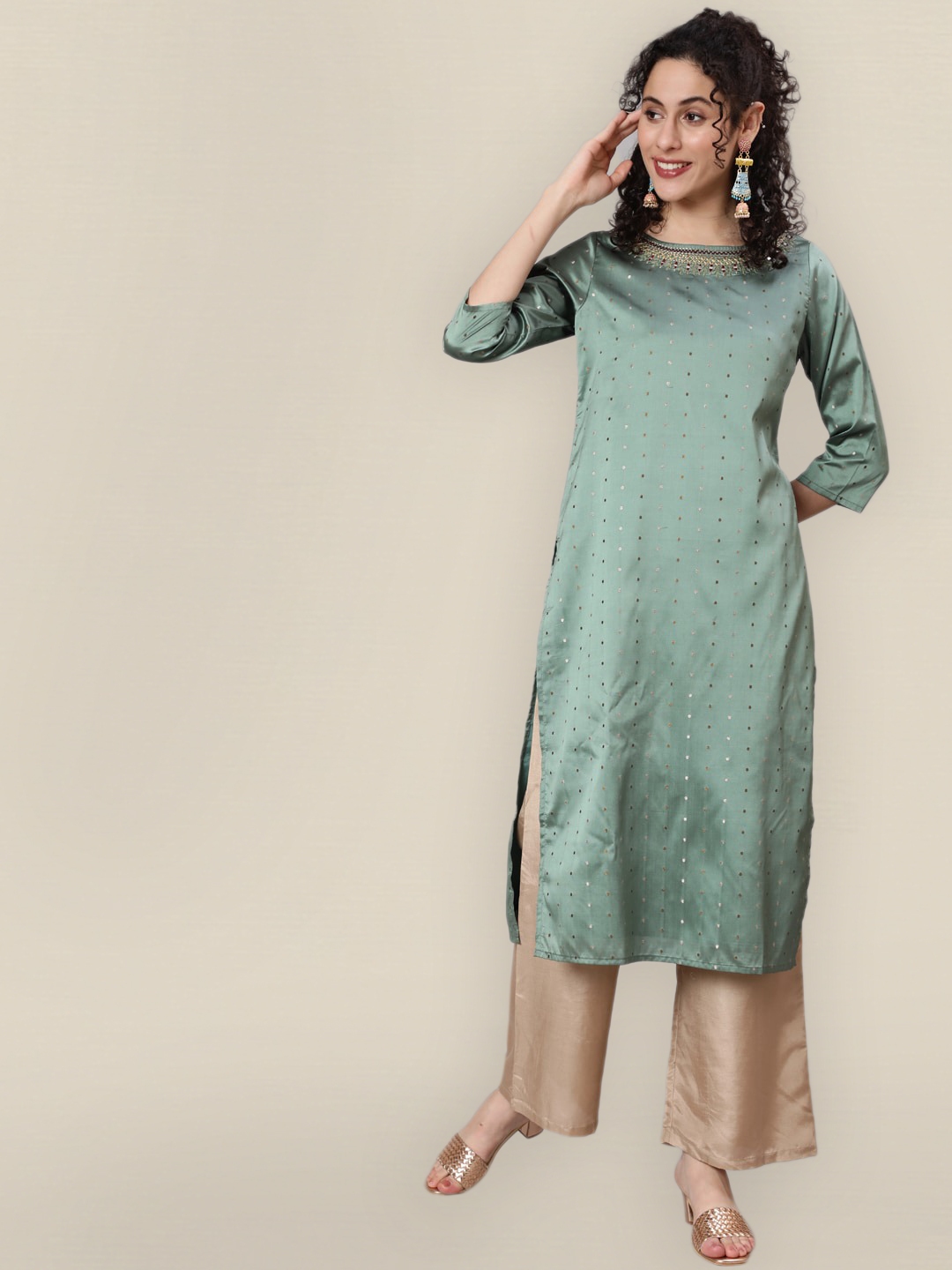 Buy Sangria Women Green Geometric Embroidered Kurta - Kurtas for Women ...