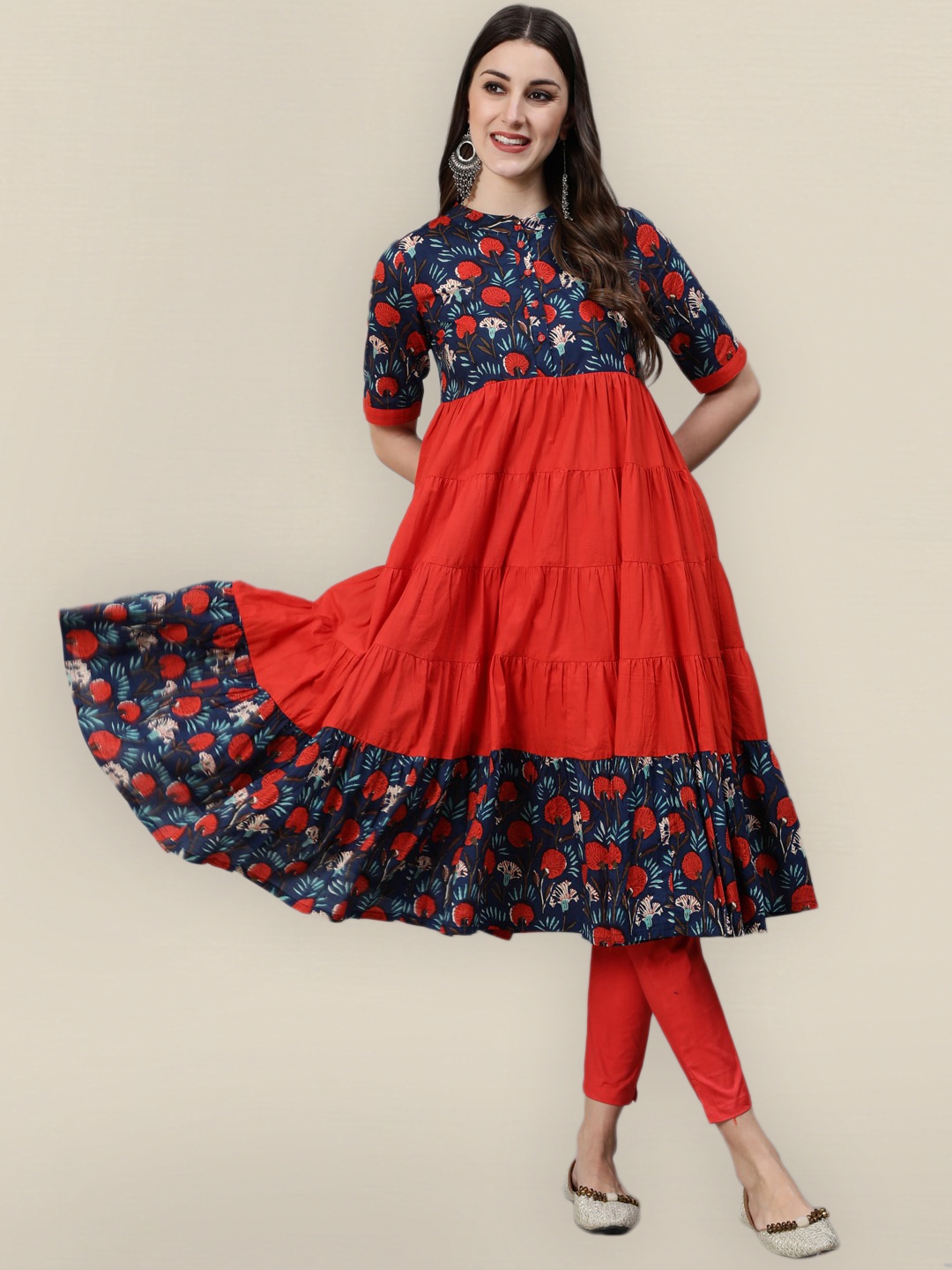 Buy Sangria Women Red &amp; Blue Floral Printed Tiered Anarkali Kurta ...
