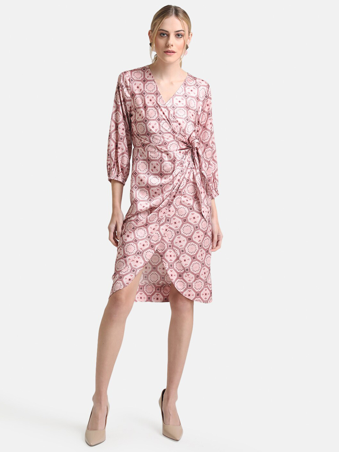 Buy Kazo Women Pink Floral Checked V Neck Satin Dress Dresses for
