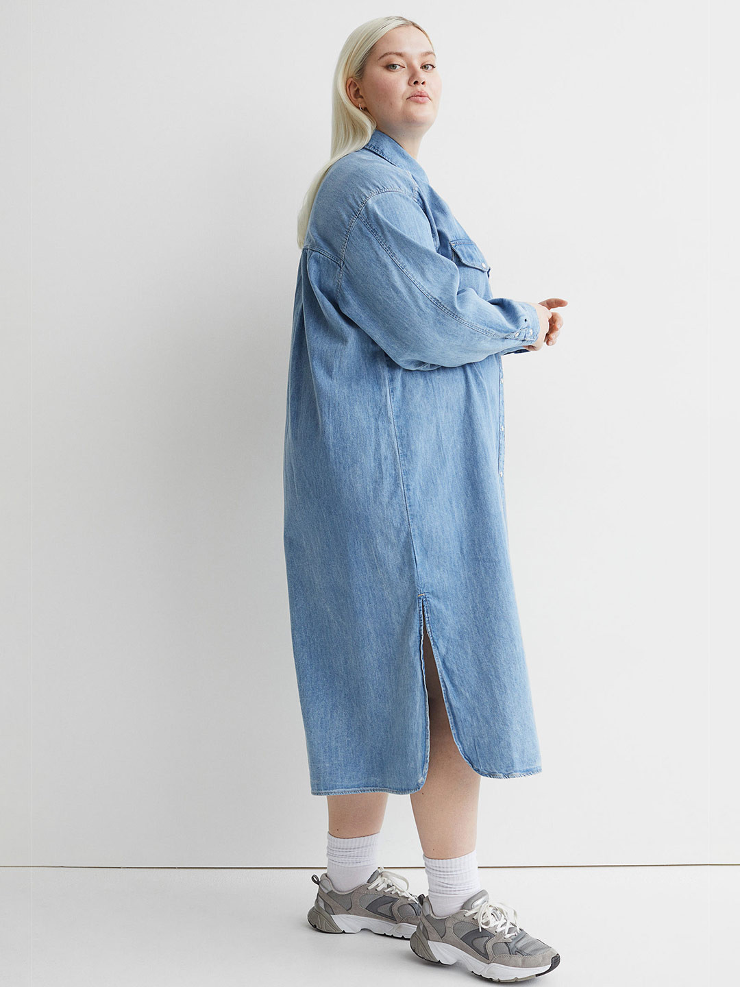 Buy H&M Plus Size Blue Denim Pure Cotton Shirt Midi Dress Dresses for