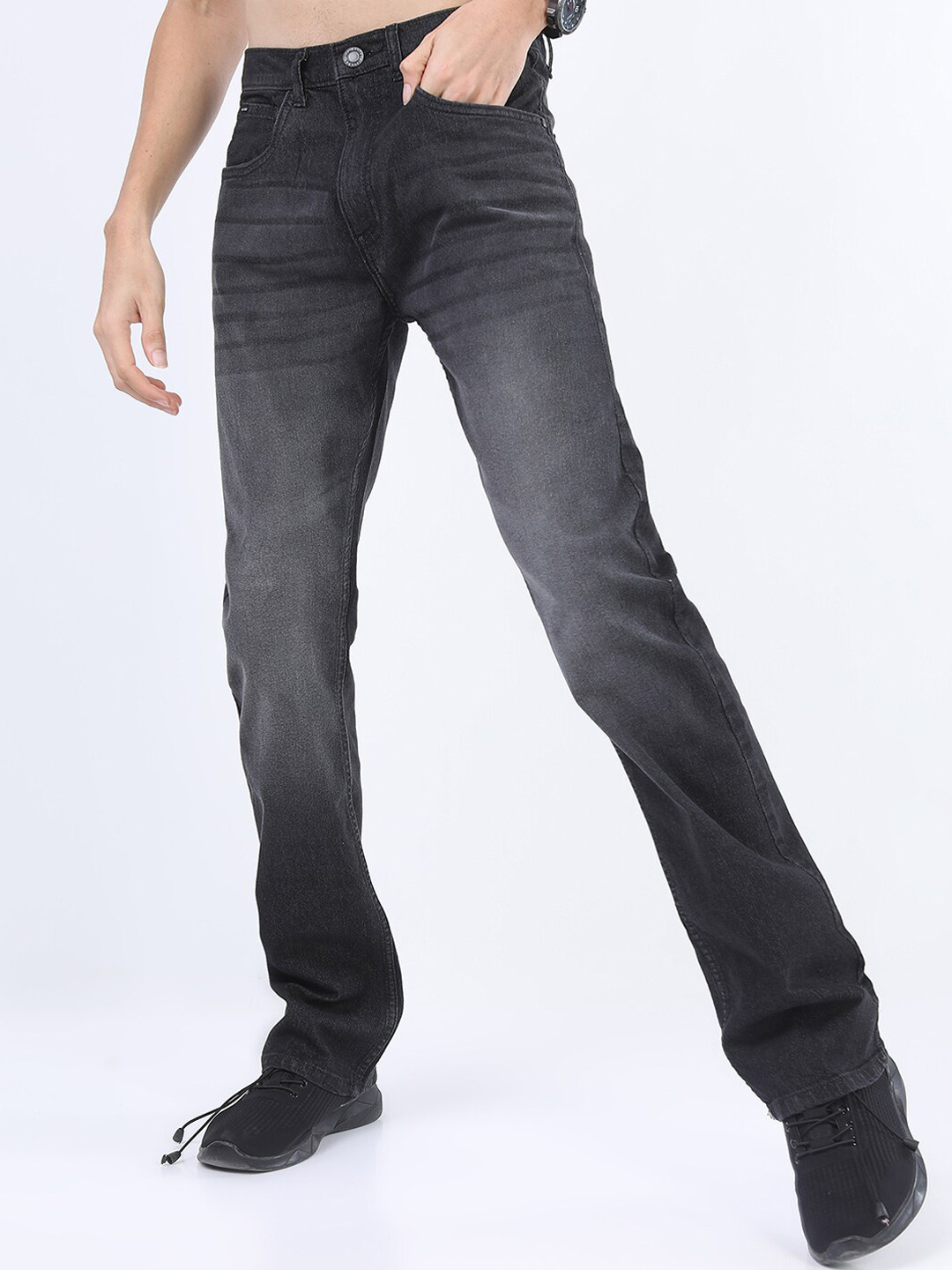 Buy HIGHLANDER Men Charcoal Bootcut Clean Look Light Fade Stretchable